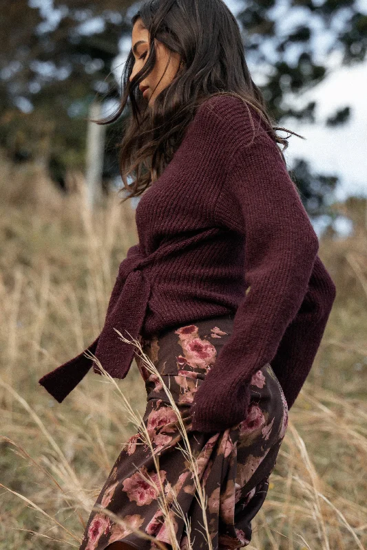 Ettie Wrap Side Tie Knit Sweater - Burgundy Faux Fur Fabric Real Fur Fabric Shearling Fabric