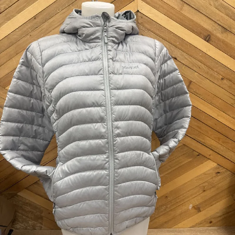 Marmot - Women's Hooded 650 Down Fill Puffer Jacket - MSRP comp $200: Grey/Silver-women-MD Zippered Jacket Buttoned Jacket Snapped Jacket