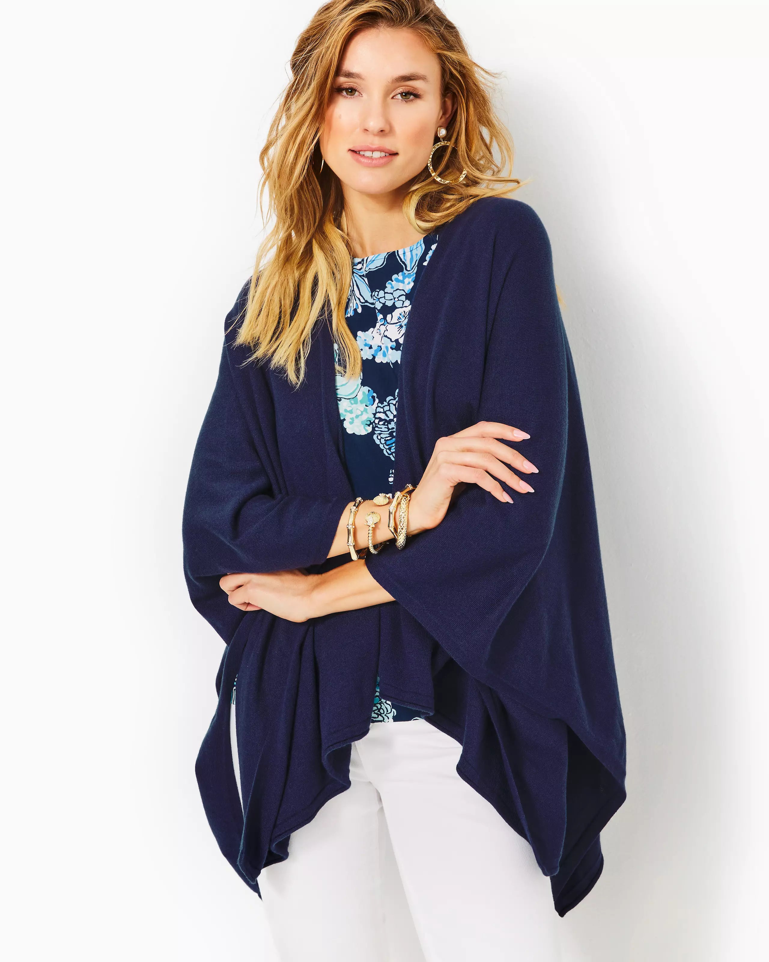 Lilly Pultizer Terri Sweater Wrap True Navy Cable Knit Ribbed Knit Lace Knit
