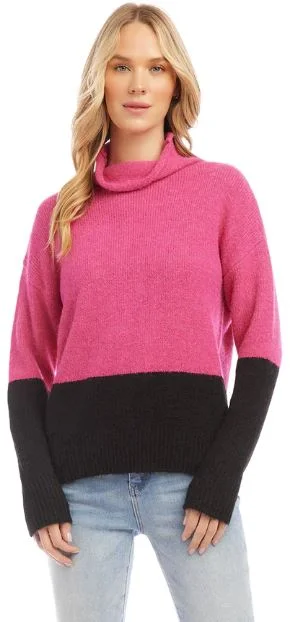 Karen Kane Colorblock Turtleneck Sweater Hot Pink/Black Houndstooth Herringbone Solid