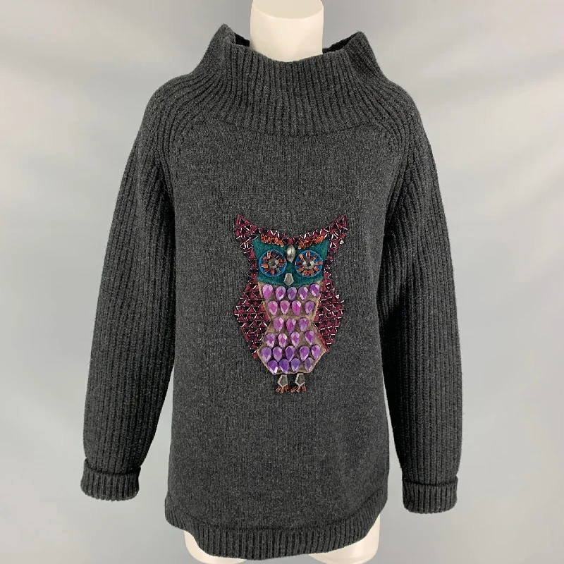 BURBERRY PRORSUM Fall 2012 Size L Charcoal Beaded Wool / Cashmere Owl Mock Neck Sweater High Neck Crew Neck V-Neck