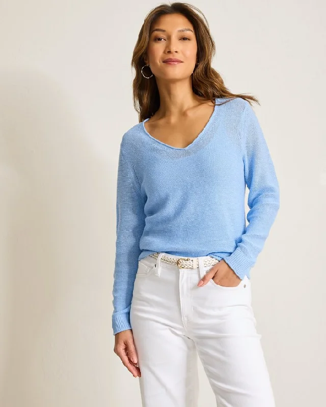 Tommy Bahama Cedar Linen Long-Sleeve V-Neck Sweater Chambray Blue Solid Print Embellished