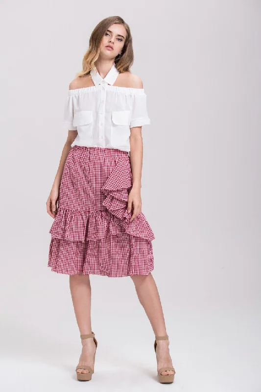 Red Ruffled Gingham Midi Skirt athletic skirt fit