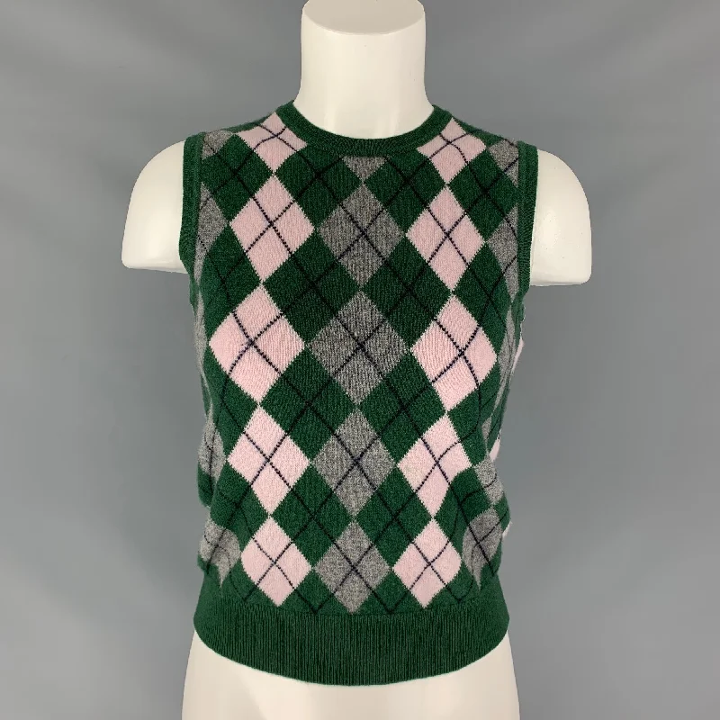 PRINGLE Size S Green Grey Cashmere Argyle Sweater Vest Neon Metallic Matte