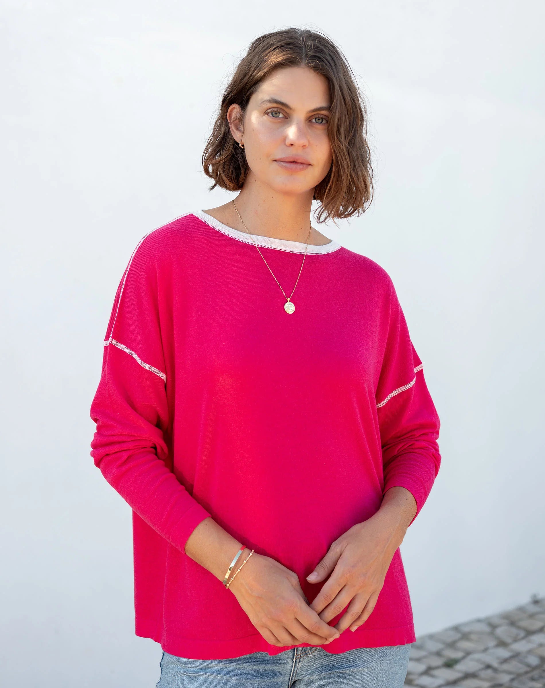 Mersea The Delmar Sweater Azalea Pink Contrast Mesh Fabric Canvas Fabric Denim Fabric