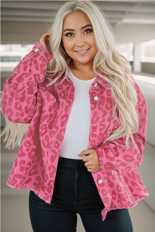 Pink Plus Size Leopard Print Button Cuffs Raw Hem Jacket Mesh Jacket Canvas Jacket Denim Jacket Pink Plus Size Leopard Print Button Cuffs Raw Hem Jacket Mesh Jacket Canvas Jacket Denim Jacket