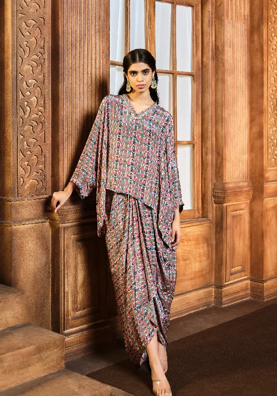 Olive Green Stripes Kaftan With Skirt flowy skirt hem
