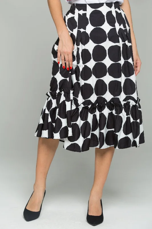 Black and White Big Polka Dot Print Ruffled Hem Flounce Skirt denim skirt trendy