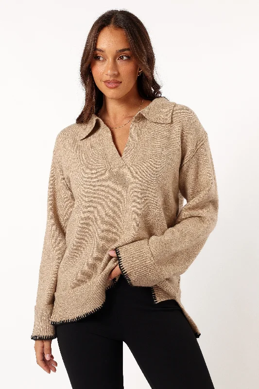 Elise Contrast Hem Knit Sweater - Taupe Transparent Opaque Sheer