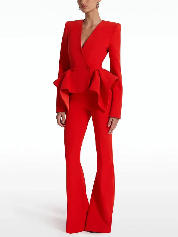 Women's Red Fit & Flare Jacket + Flare Trousers Pants Suit Stand-Up Collar Roll-Neck Collar Turtle Neck