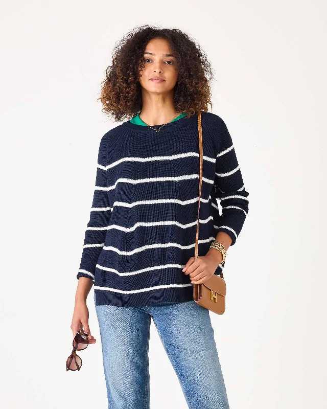 Mersea Camden Crewneck Sweater Navy/Sea Salt Stripe Beaded Sweater Sequined Faux Fur