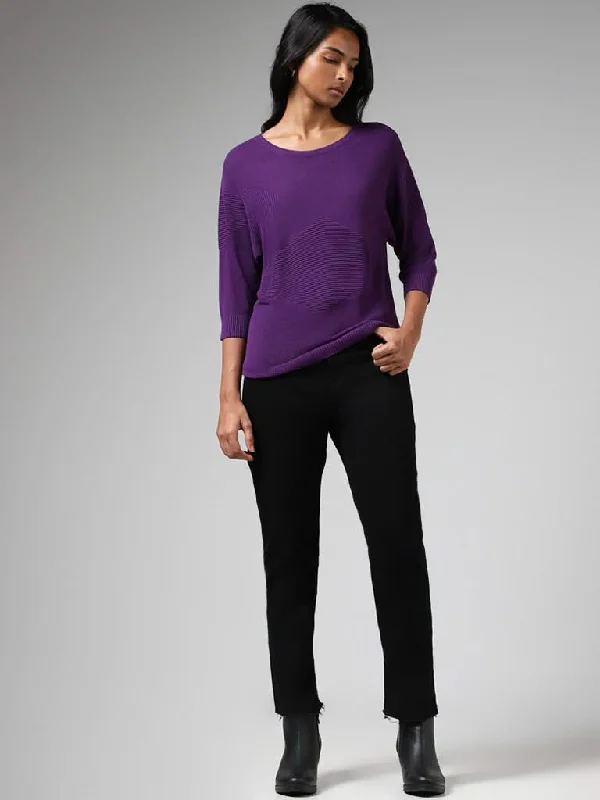 LOV Purple Crisscross Striped Sweater Real Fur Shearling Chenille