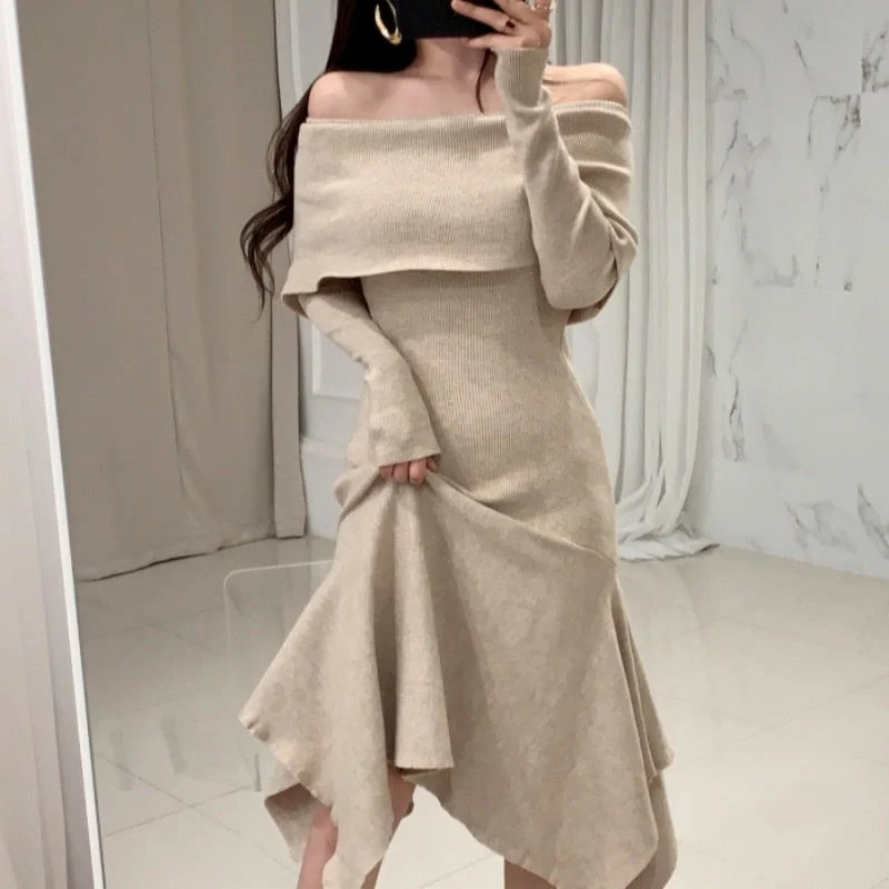 Vintage Sexy Slash Neck Long Sleeve Ruffle Hem Long Sweater Dress Women Slim Waist Irregular Elastic Knitted Dresses Winter Cotton Fabric Linen Fabric Terry Fabric
