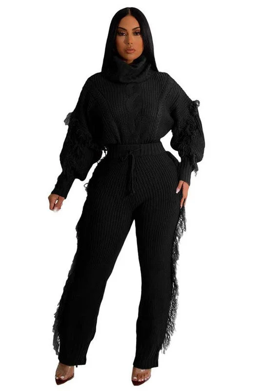 LONG SWEATER PANTS SET Mesh Sweater Canvas Denim
