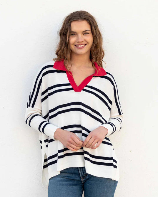 Mersea Catalina Polo Sweater Navy Stripes Solid Color Striped Floral Print