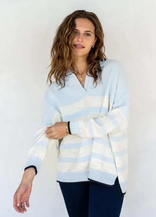 Mersea Marina Polo Sweater Sky/Sea Salt Navy Front Pockets Side Pockets Patch Pockets
