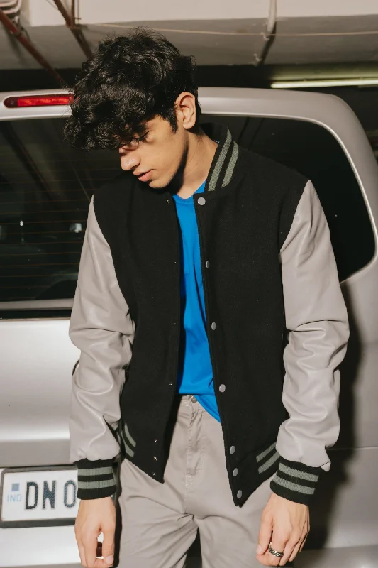 Grey-Black Men's Varsity Jacket Satin Jacket Silk Jacket Chiffon Jacket