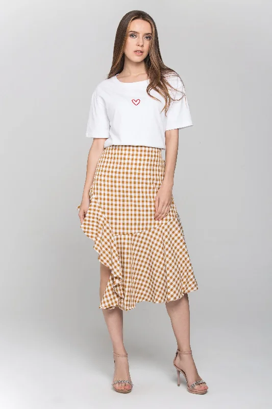 Peach Gingham Ruffle Hem Midi Skirt relaxed fit skirt