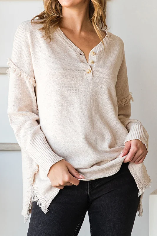 FRINGE SHOULDER BUTTON DOWN SWEATER KNIT TOP Cashmere Blend Cotton Blend Poly Blend