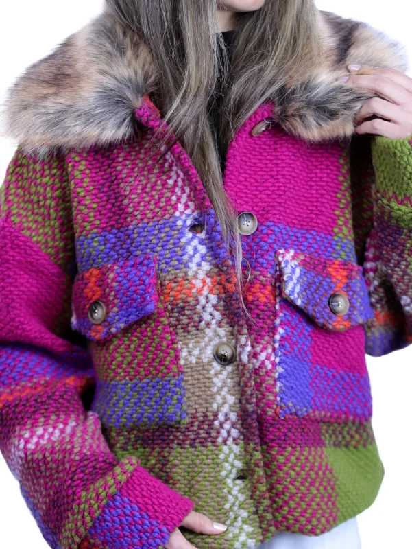 La Fiorentina Short Plaid Wool Jacket w/ Faux Fur Trim- Fuchsia/Camel Zippered Front Buttoned Front Snap Front La Fiorentina Short Plaid Wool Jacket w/ Faux Fur Trim- Fuchsia/Camel Zippered Front Buttoned Front Snap Front