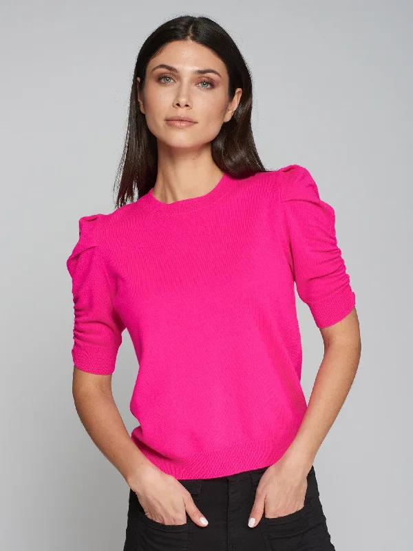 Vilagallo Knitwear Puffed Sleeve Sweater Pink Mesh Blend Leather Blend Suede Blend