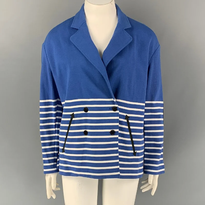 BAND OF OUTSIDERS Size L Blue White Stripe Cotton Oversized Jacket Ribbed Jacket Pleated Jacket Ruffled Jacket