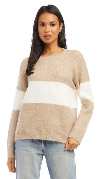 Karen Kane Stripe Sweater Oatmeal Zippered Front Buttoned Front Snap Front