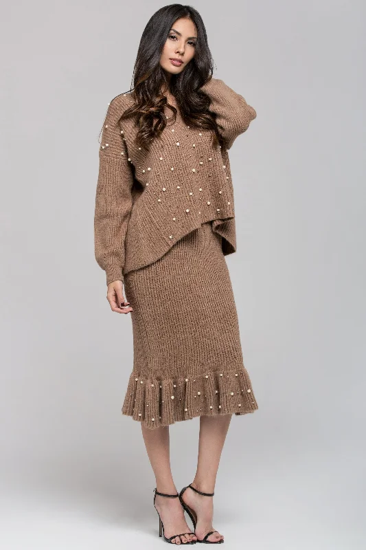 Brown Knit Pearl Detail Sweater and Skirt Set pleated skirt texture