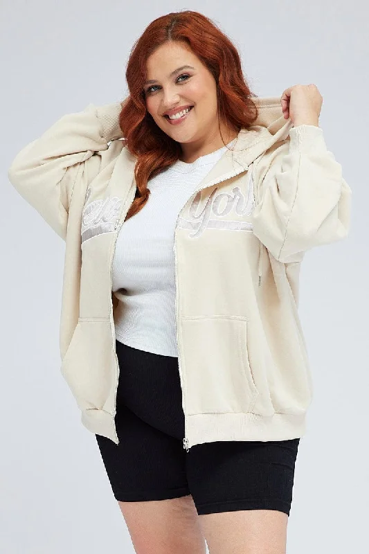 Beige Zip Up Hoodie Jacket New York Motif Appliqued Jacket Beaded Jacket Sequined Jacket