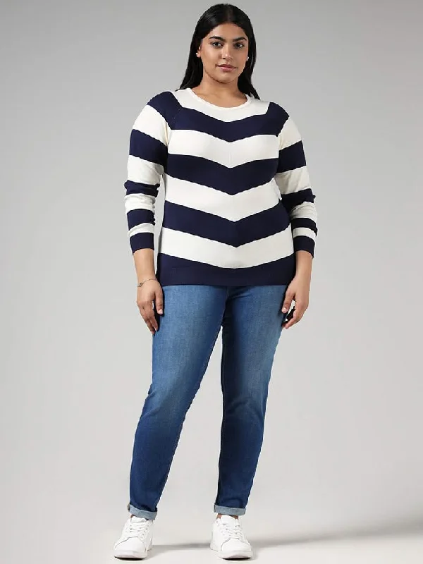 Gia Navy Striped Sweater Hooded Sweater Collared Sweater Shawl Collar