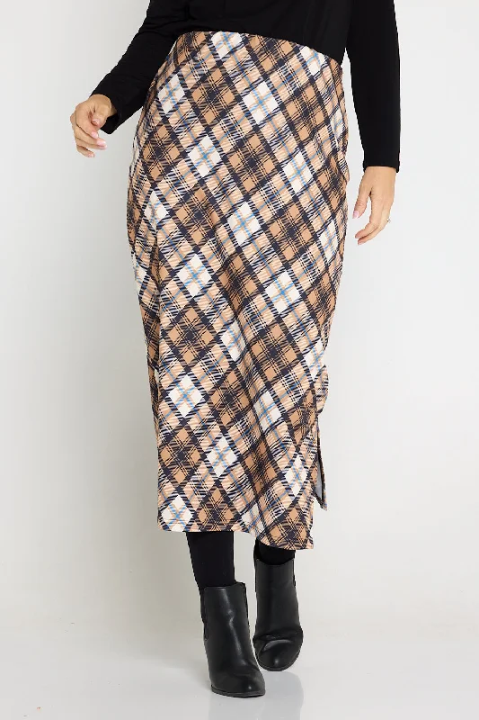 Charlize Column Skirt - Camel Plaid corduroy skirt durable