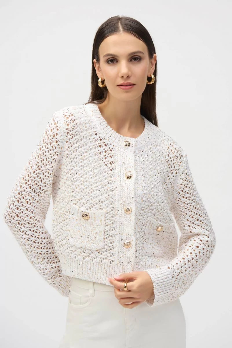 Joseph Ribkoff Open Stitch Sweater Style #252917 Vanilla/Gold Print Jacquard Patchwork
