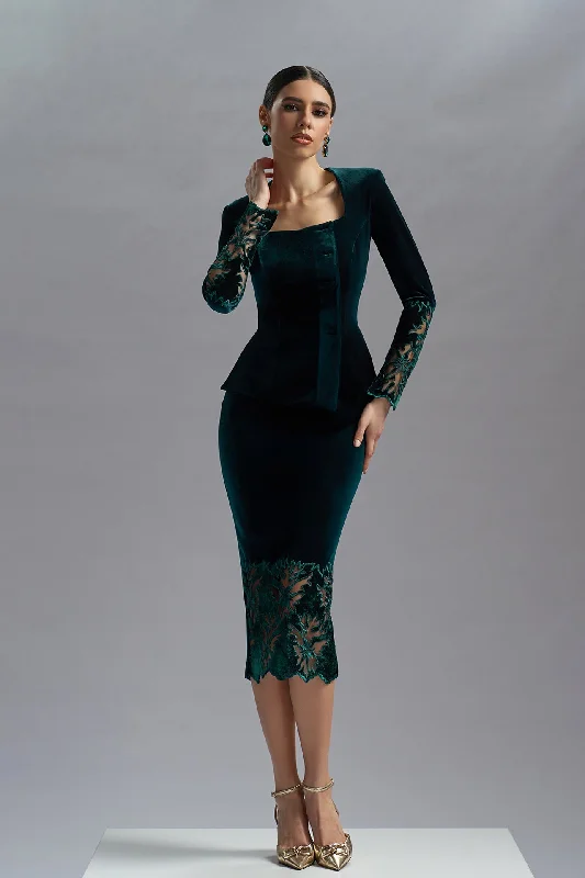 Green velvet top with midi skirt cotton skirt soft