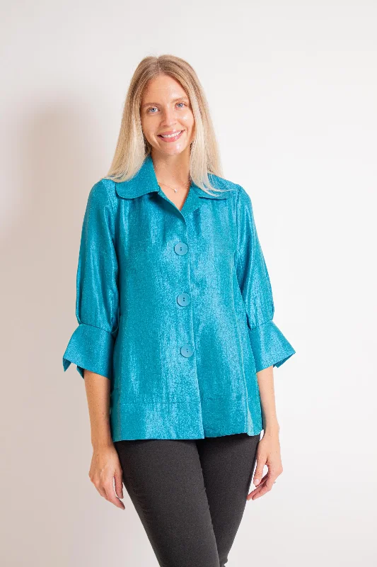 Short Teal Wide Collar Jacket Satin Jacket Silk Jacket Chiffon Jacket