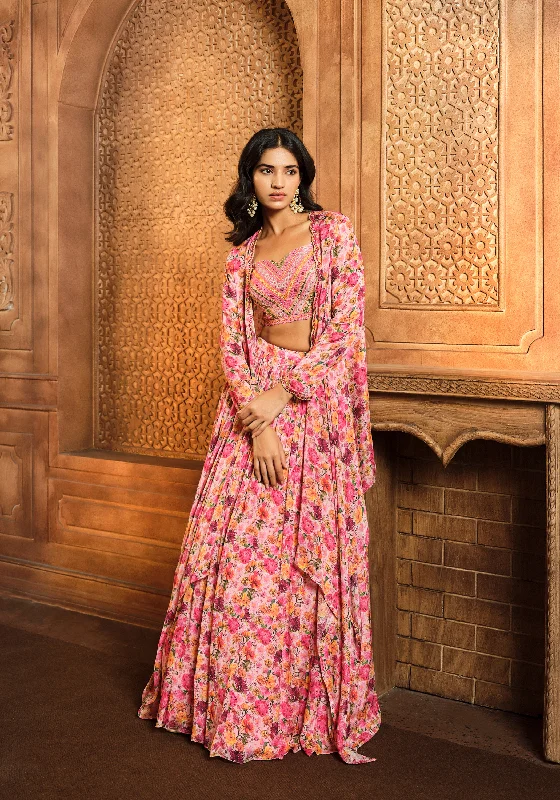 Pink Watercolor Printed Cape Skirt Set modal blend skirt