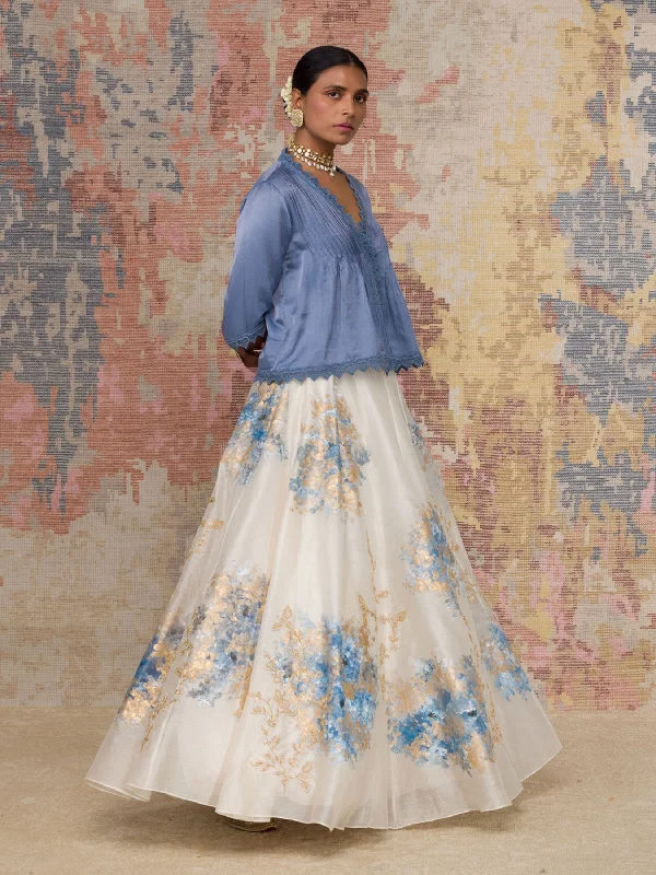 Ivory Hand Paint Skirt With Ash Blue Top silk skirt lustrous