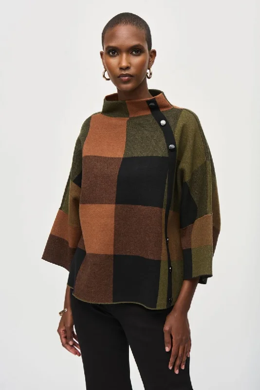 Joseph Ribkoff Multi Plaid Jacquard Sweater Top 243948 Glossy Satin Silk