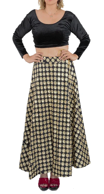 Black Color Silk Skirt with Zari Flowers slim fit skirt