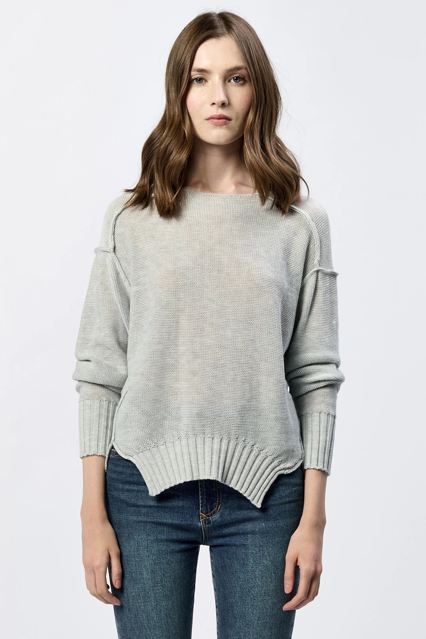 Dear John Jenna Crew Neck Long Sleeve Sweater Heather Grey Satin Fabric Silk Fabric Chiffon Fabric