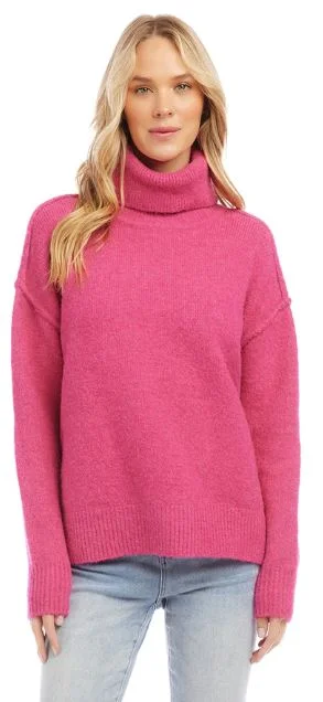 Karen Kane Turtleneck Sweater Hot Pink Print Jacquard Patchwork