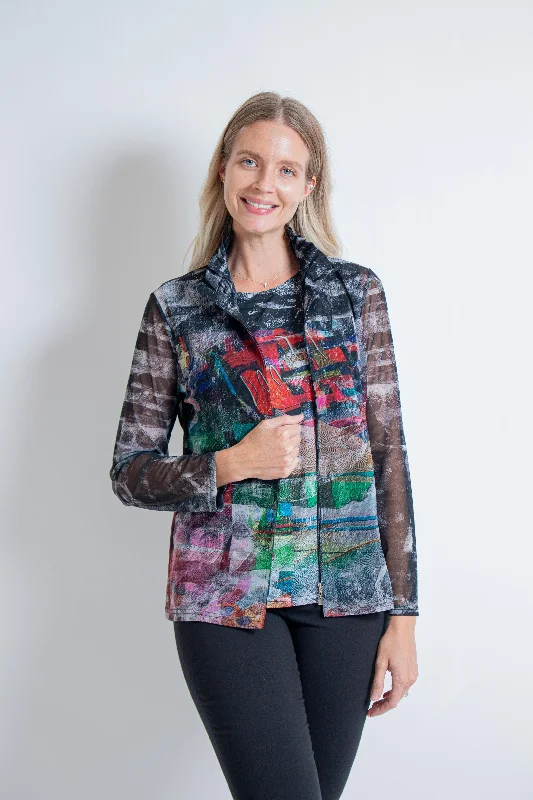 Black Mixed Print Mesh Jacket & Tank Set Toggled Jacket Drawstring Jacket Belted Jacket