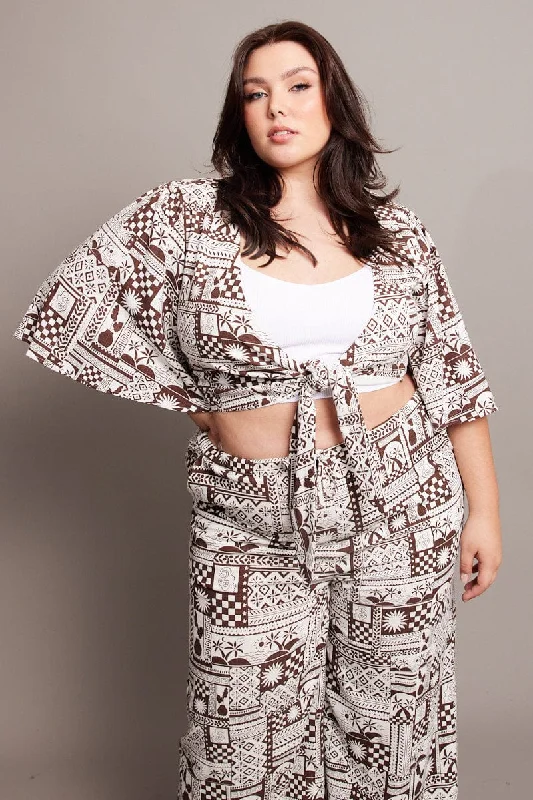 Brown Abstract Tie Flare Sleeve Linen Blend Bolero Jacket Print Jacket Jacquard Jacket Patchwork Jacket