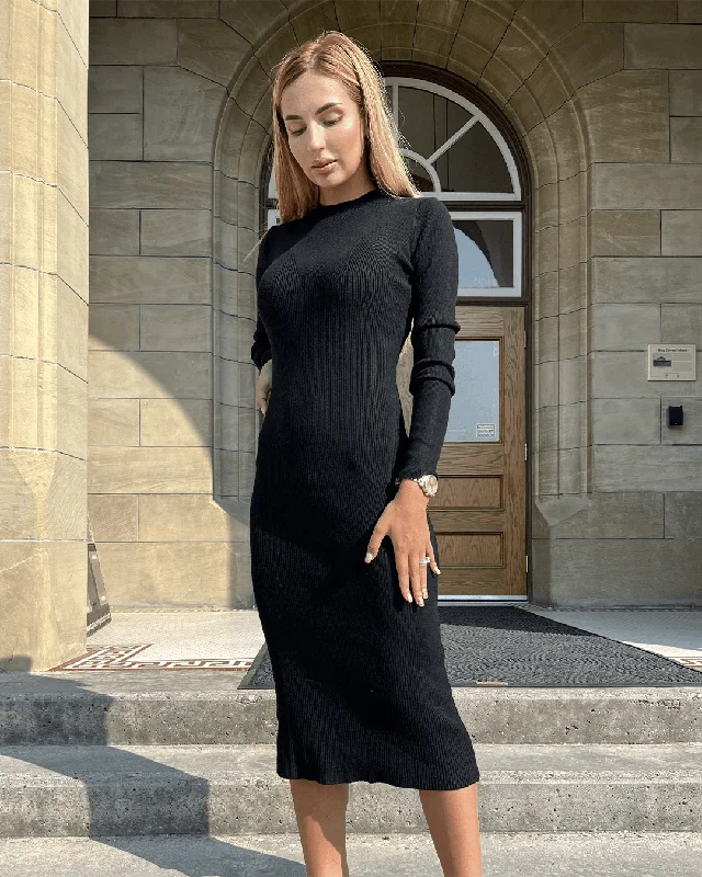 Long Sleeve Sweater Dress - Midi Dress - Black Elegant Classic Vintage