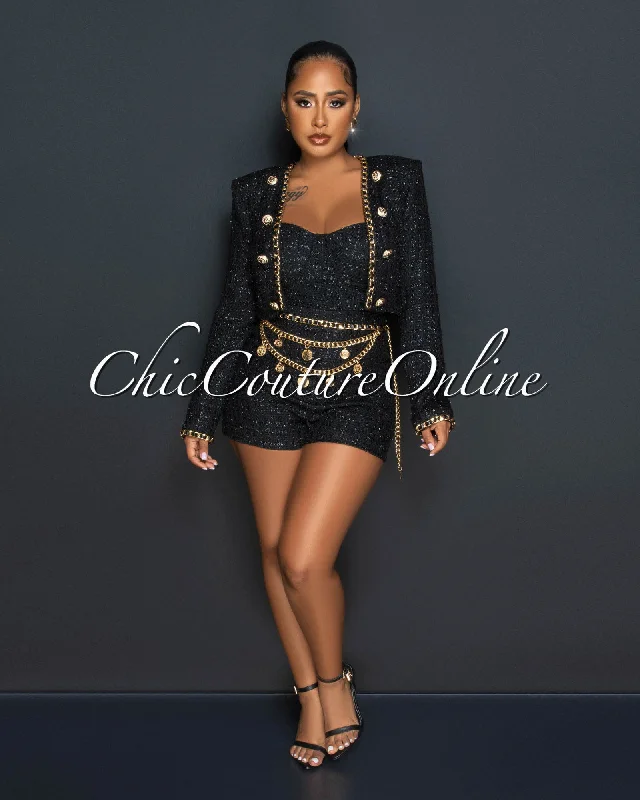 Arsenio Black Gold Link Tweed Romper w Jacket Set Mesh Jacket Canvas Jacket Denim Jacket
