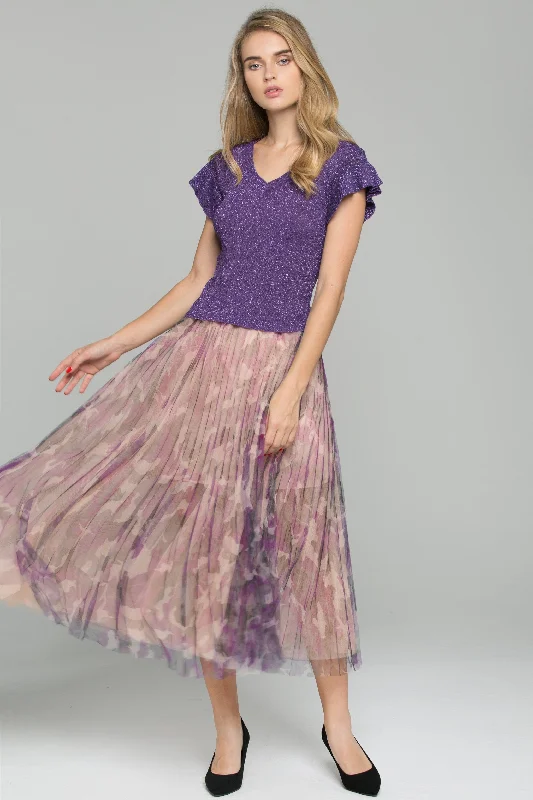 Purple Ruffled Top Chiffon Double Layer Accordion Pleats Midi Skirt Set seamless skirt comfort