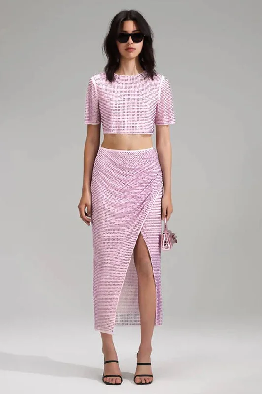 Pink Rhinestone Wrap Midi Skirt Set chiffon skirt lightweight