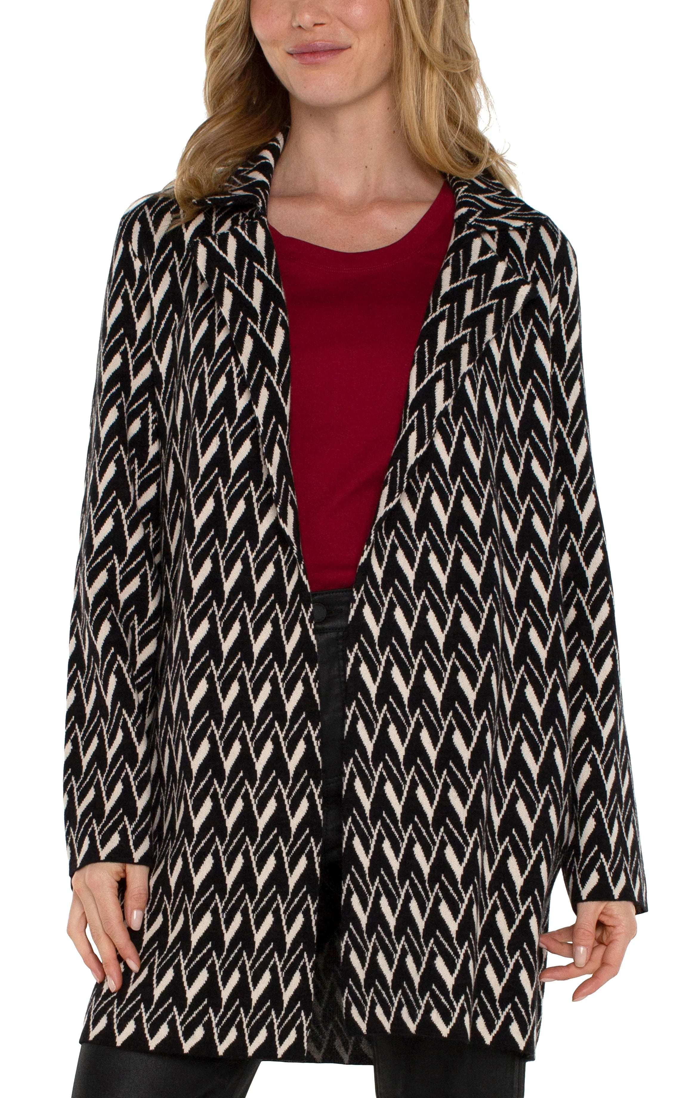 Liverpool Long Sleeve Open Front Coatigan Sweater Black and Cream Chevron Cashmere Blend Cotton Blend Poly Blend