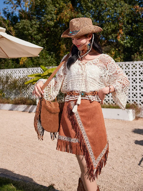 White Hollow Crochet Tassel Top with Brown Suede Irregular Tassel Skirt Boho Outfit linen skirt natural