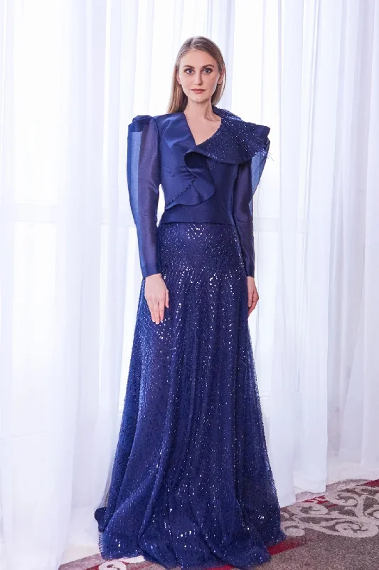 Long sleeves organza top with sequined A line skirt chiffon skirt delicate