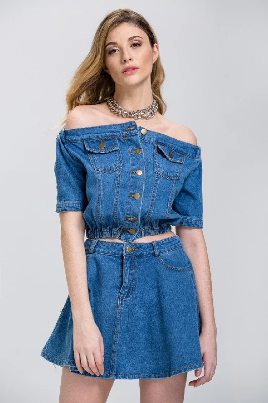 Denim Off the Shoulder Button Up Top and Mini Skirt Set lace skirt delicate